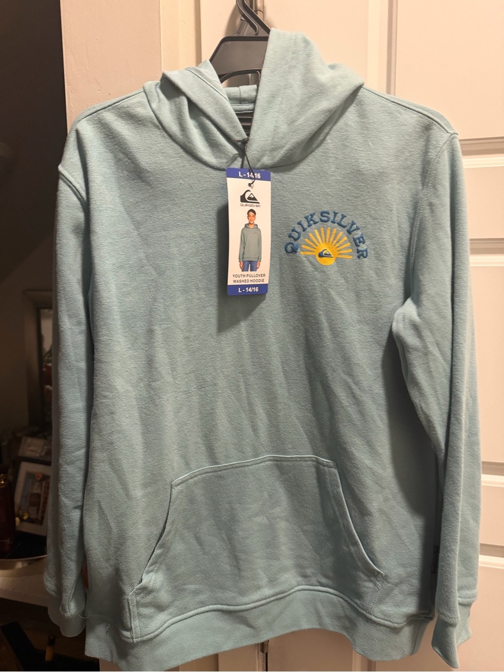 Quiksilver Men's Light Blue Crewneck Hoodie with Sun Embroidery